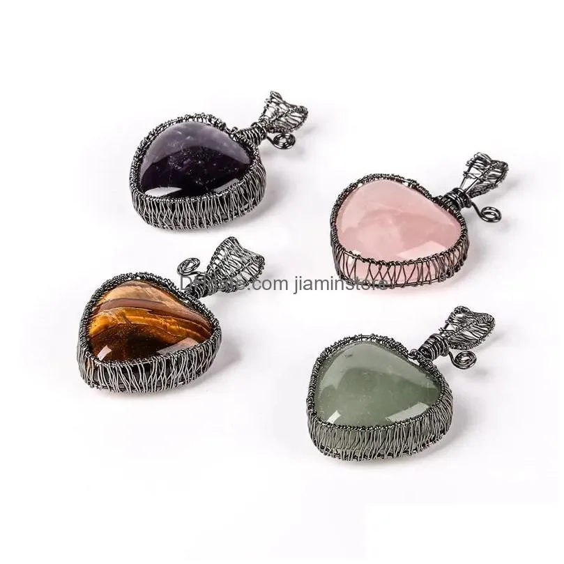 Pendant Necklaces Hand Woven Natural Heartshaped Gemstone Charm Pendant Copper Wire Wrap Heart Stone Lovely Women Necklace Amethyst Je Dhdeo