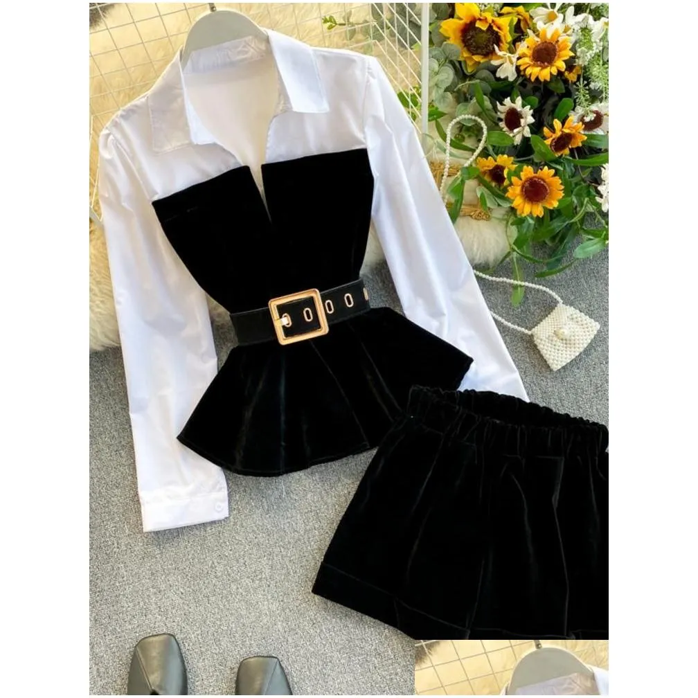 womens tracksuits 2022 spring autumn long sleevework velvet size small tops with belt high waist shorts two piece set women