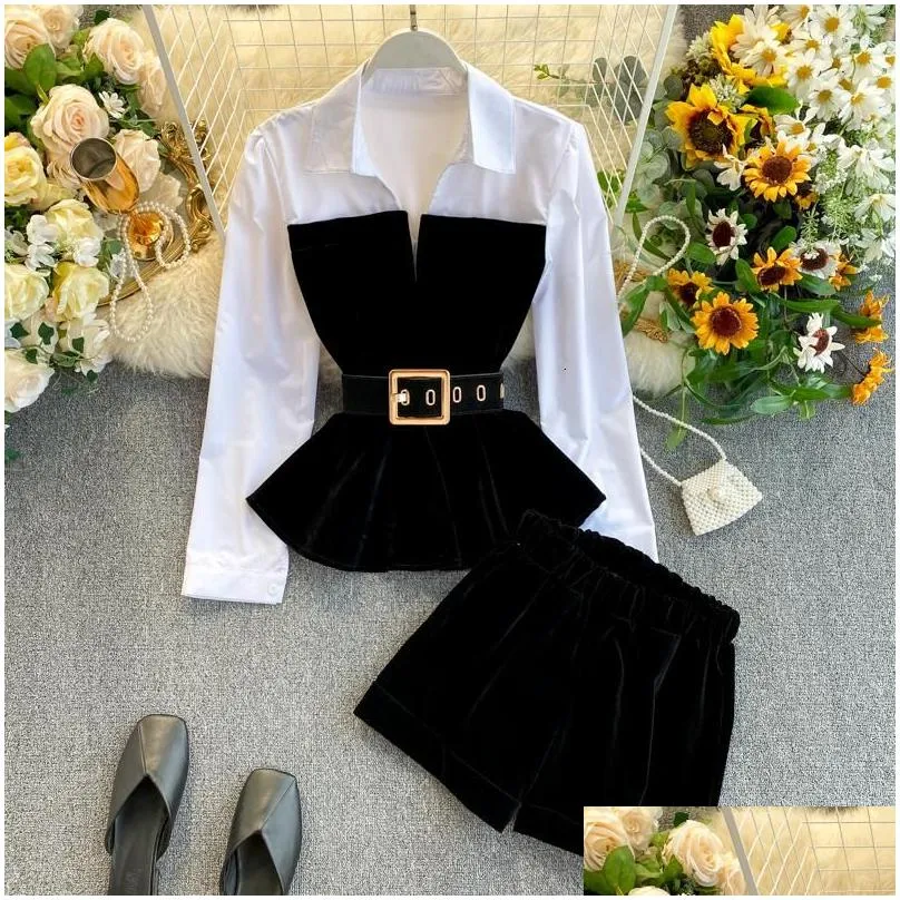 womens tracksuits 2022 spring autumn long sleevework velvet size small tops with belt high waist shorts two piece set women