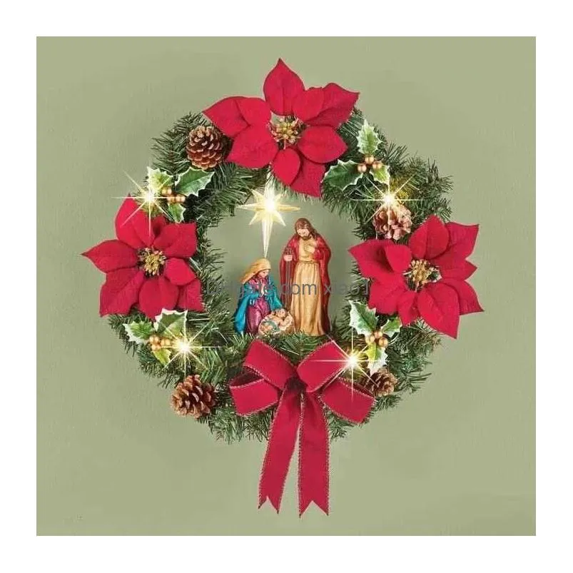 decorative flowers wreaths sacred christmas wreath with lights hanging ornaments front door wall decorations merry christmas tree