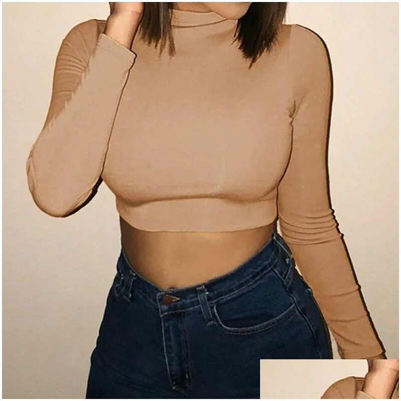 womens sexy bodycon t shirt autunmn women long sleeve o-neck crop top modis sheath t-shirt fashion autumn solid tops