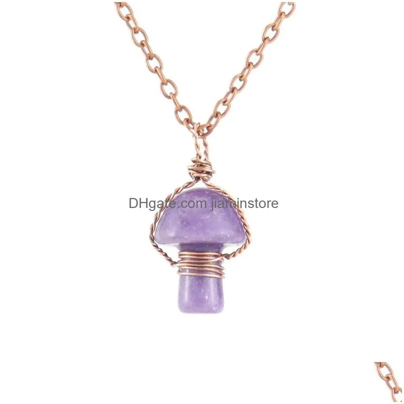 Pendant Necklaces Retro Wire Wrap Carving Mushroom Pendant Reiki Healing Crystal Tiger Eye Rose Quartz Opal Aventurines Necklace For W Dhyc9