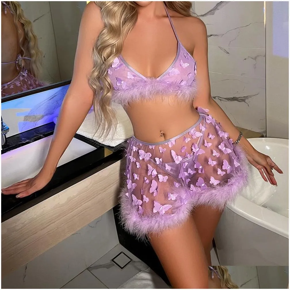 bras sets feather lingerie butterfly underwear women transparent sexy without feeling purple thongs 3-pieces fancy lace intimate 3