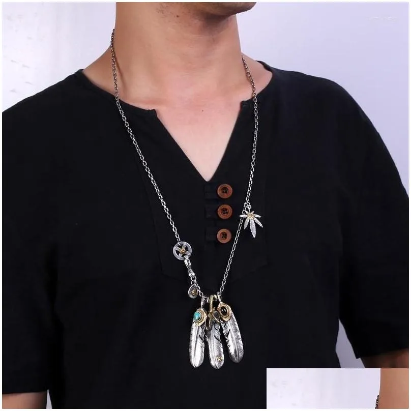 Pendant Necklaces Pendant Necklaces Qn Takahashi Goro Style Natural Turquoise Feather Necklace Womens Mens Too Angle Chain Set Sweater Dh8Au