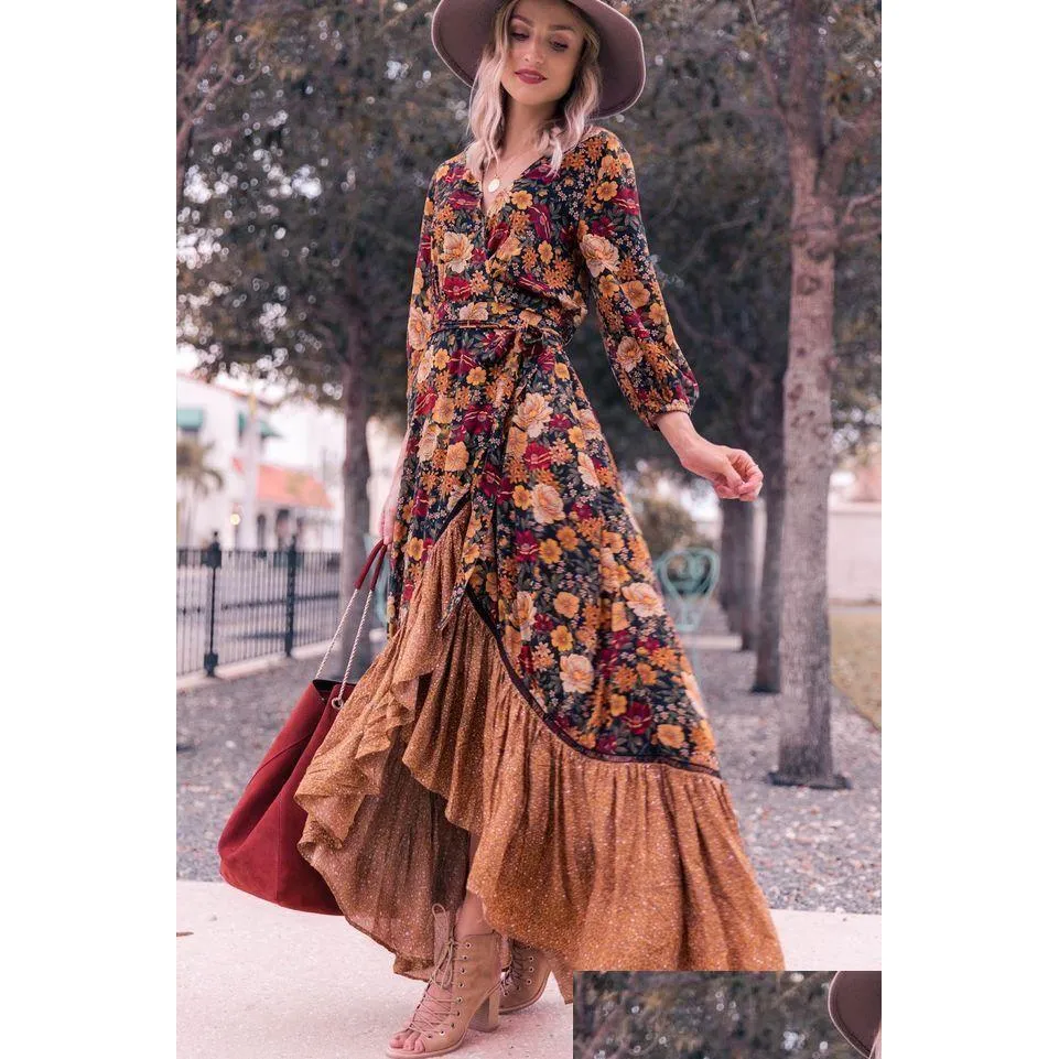 casual dresses 2022 autumn floor length dress womens long sleeve printing floral vintage irregular maxi mujer chic wrap