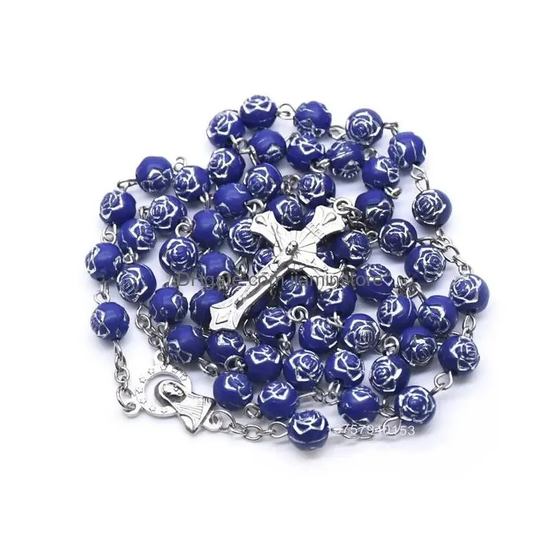 Pendant Necklaces Blue Plastic Rose Strand Neckalce Long Virgin Cross Rosary Necklace For Men Women Relius Jewelry Jewelry Necklaces P Dhbu5
