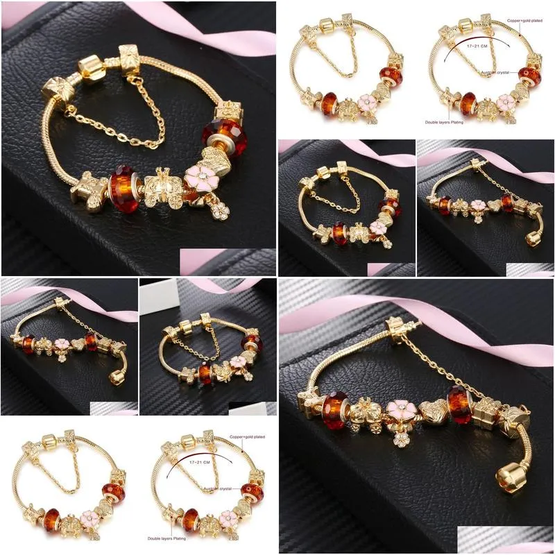 Beaded Fashion Jewelry 18K Gold Plated Diy Women Charm Bracelet Trendy Big Crystal Beads Copper Bangle Bracelets For Jewelry Bracelets Dh0Vi