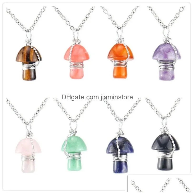 Pendant Necklaces Retro Wire Wrap Carving Mushroom Pendant Reiki Healing Crystal Tiger Eye Rose Quartz Opal Aventurines Necklace For W Dhyc9