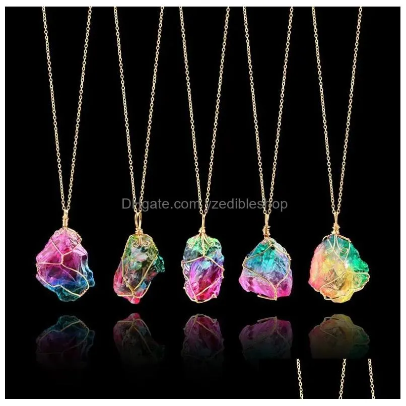 natural rainbow irregular quartz stone rock pendant crystal gemstone necklace gold plated wire wrap birthstone jewelry gifts for women