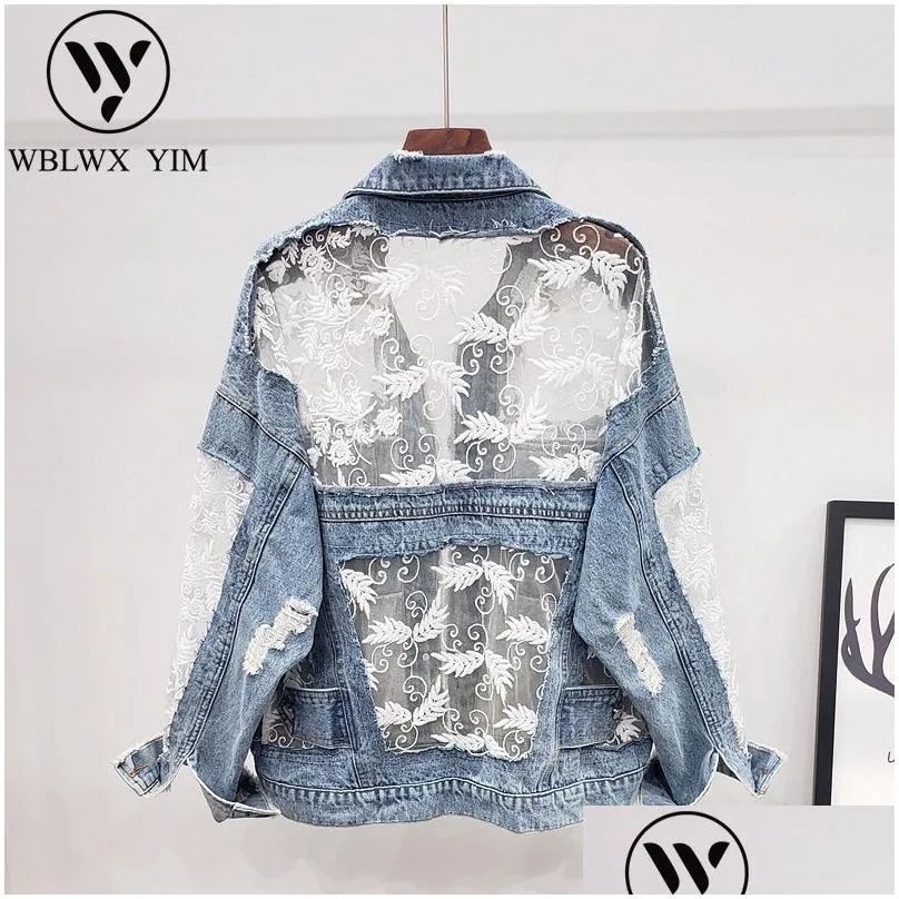 fashion hollow out denim jacket women embroidery lace splice jeans jacket female washed jeans coat loose plus size denim coats