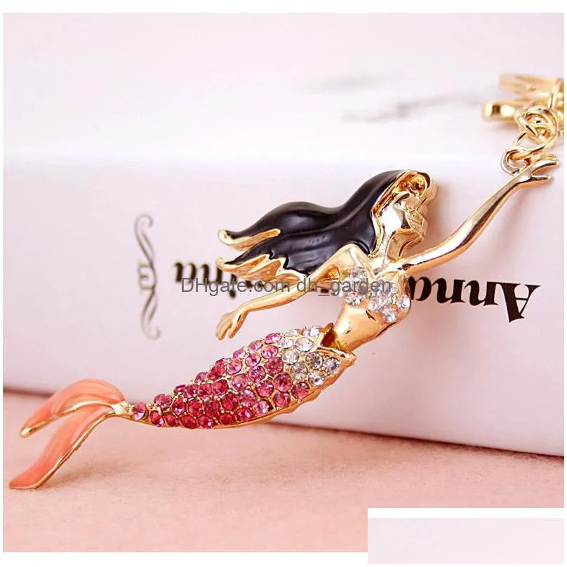 creative and lovely diamond inlaid mermaid car key chain womens bag accessories turtle key chain animal metal pendant