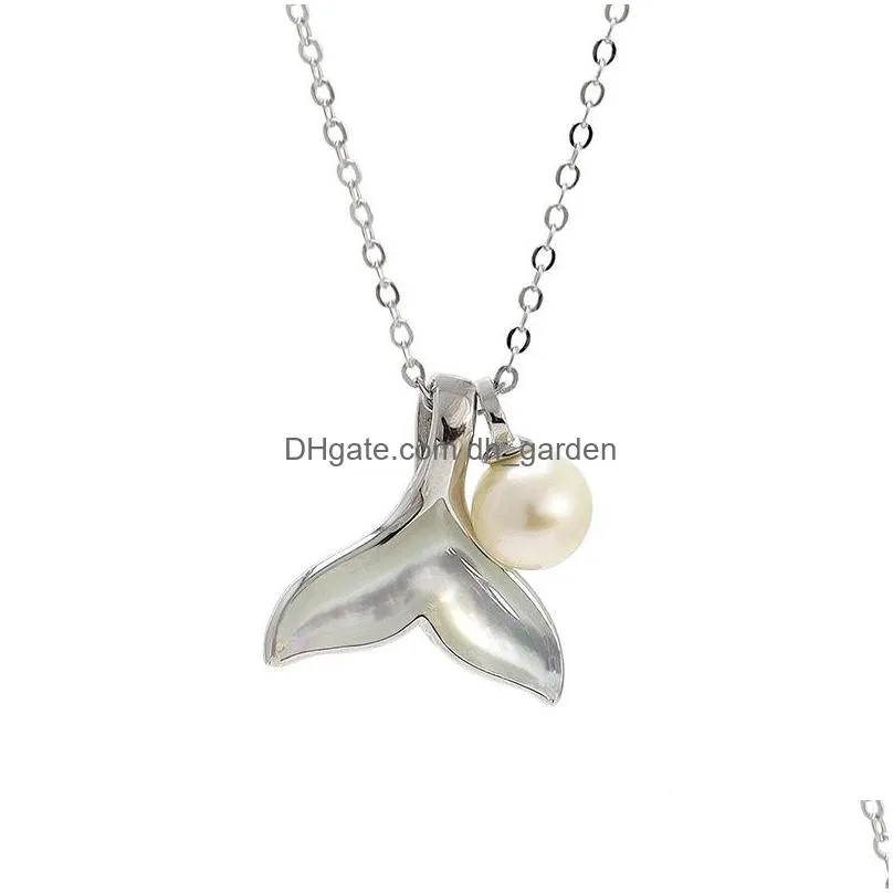 s925 sterling silver pearl pendant settings womens natural fishtail shell clavicle necklace diy mountings/fittings accessories