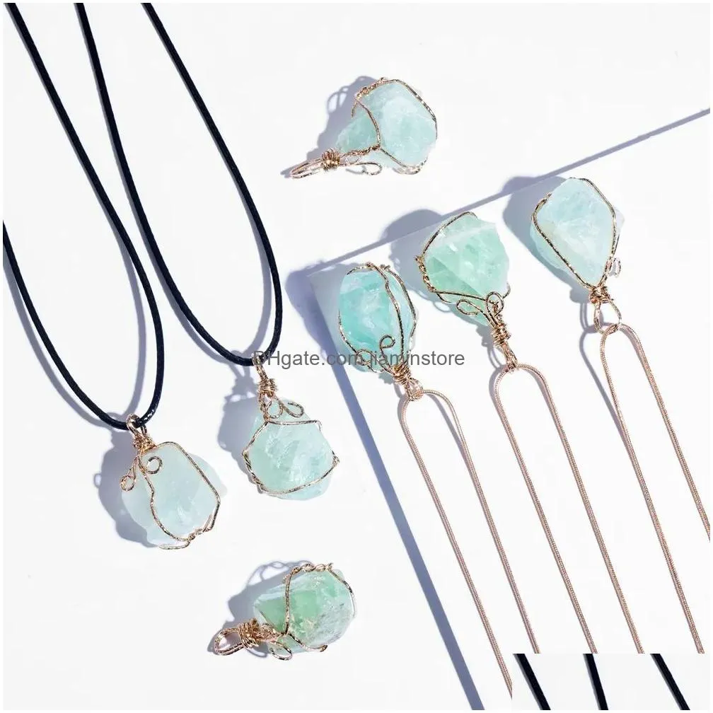 Pendant Necklaces Natural Crystal Pendant Necklace Roungh Tumbled Rock Stone Healing Irregar Handmade Jewelry For Women With Long Jewe Dhplz