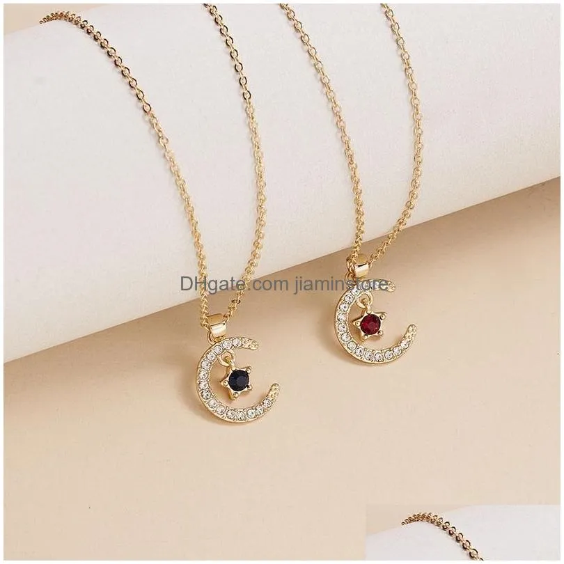 Pendant Necklaces New Style Moon Star Birthstone Pendant Necklace Wish Card For Women Crystal Gold Color Clavicle Chain Mom Birthday J Dhd17