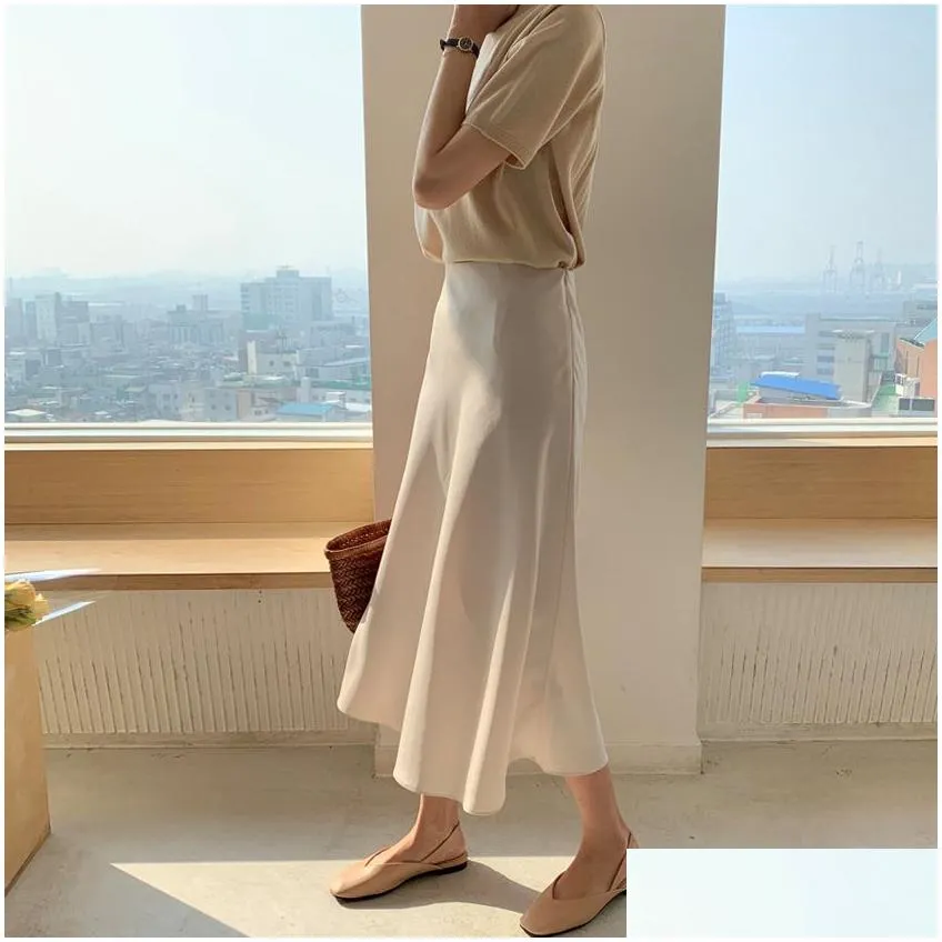 korean casual skirts women silk skirt women elegant satin long skirts office lady high waist bodycon skirt faldas mujer moda 210412