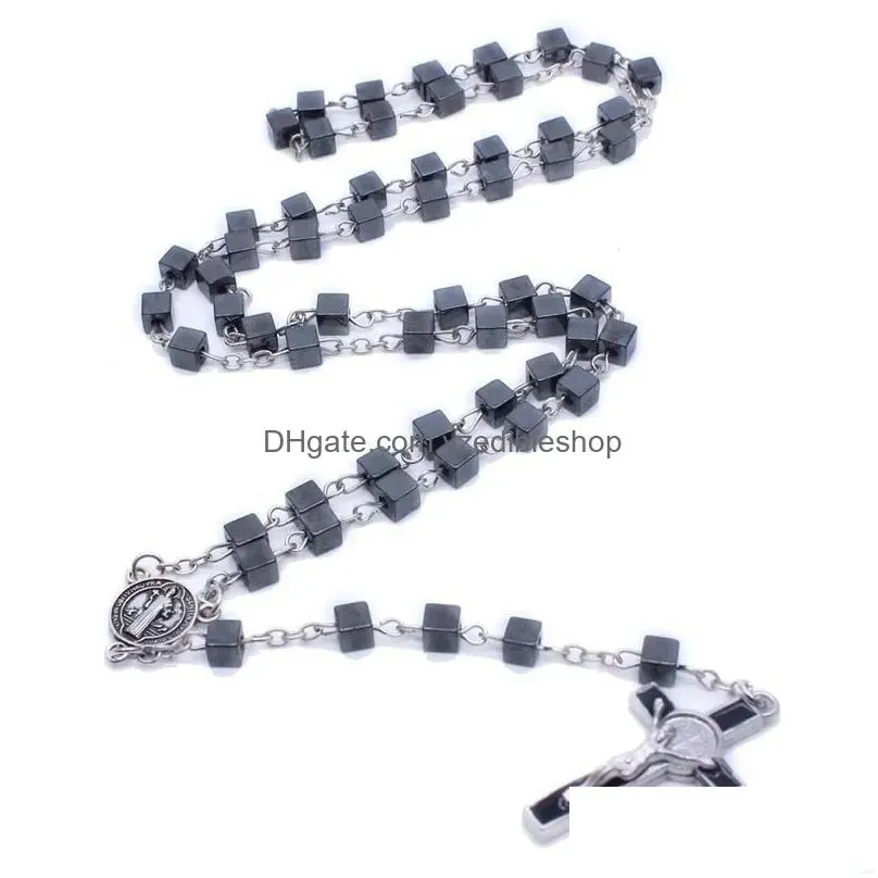 catholic rosary jewelry square beads long cross strand necklace