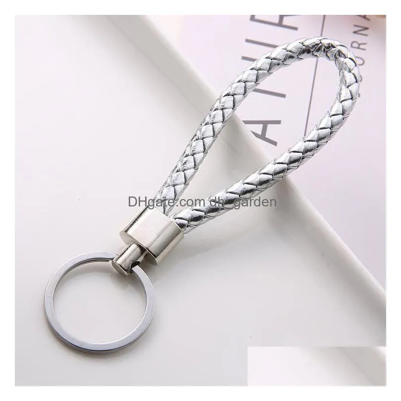 cr jewelry new handmade pu leather keychain braided string rope metal key ring woven cord chains holder diy jewelry accessories