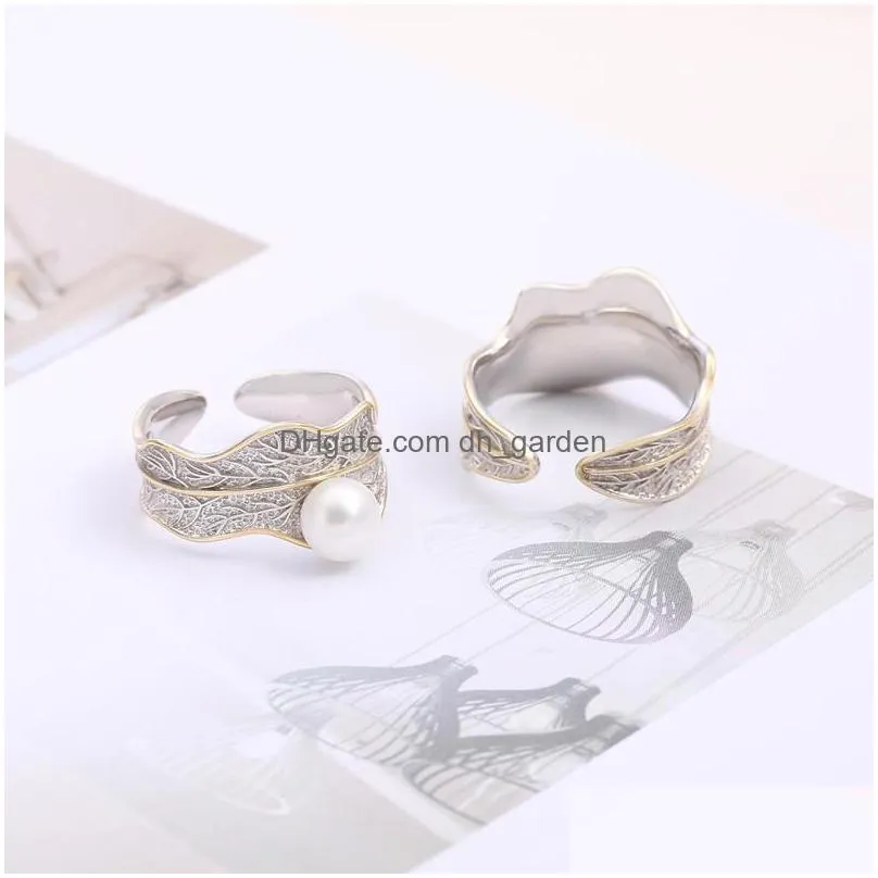 wholesale silver jewelry natural pearl ring mount adjustable simple lotus leaf silver open ring diy accessories shipping