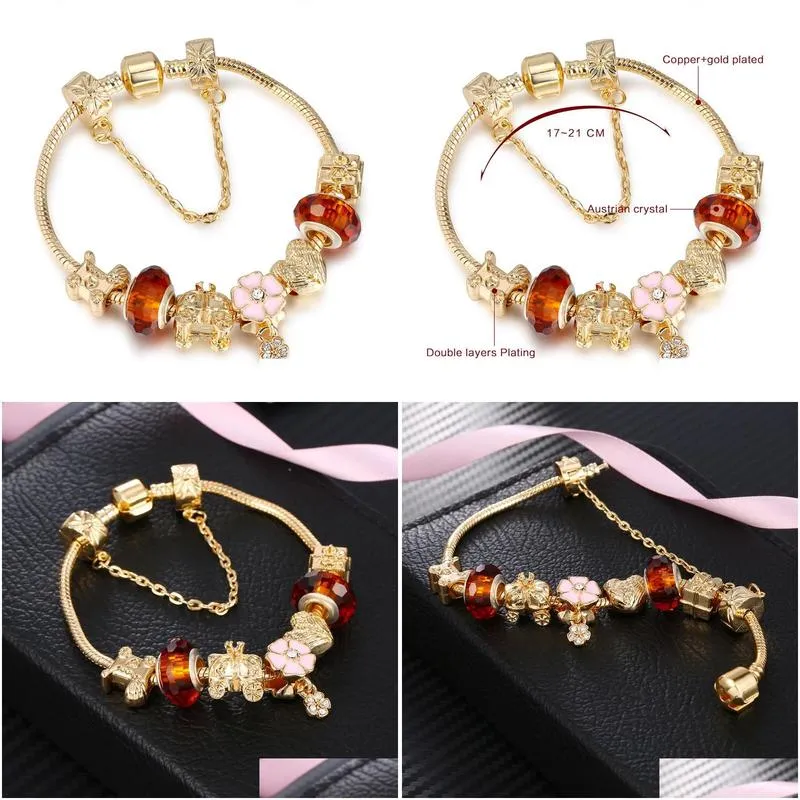 Beaded Fashion Jewelry 18K Gold Plated Diy Women Charm Bracelet Trendy Big Crystal Beads Copper Bangle Bracelets For Jewelry Bracelets Dh0Vi