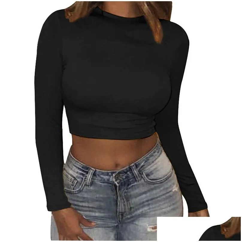 womens sexy bodycon t shirt autunmn women long sleeve o-neck crop top modis sheath t-shirt fashion autumn solid tops