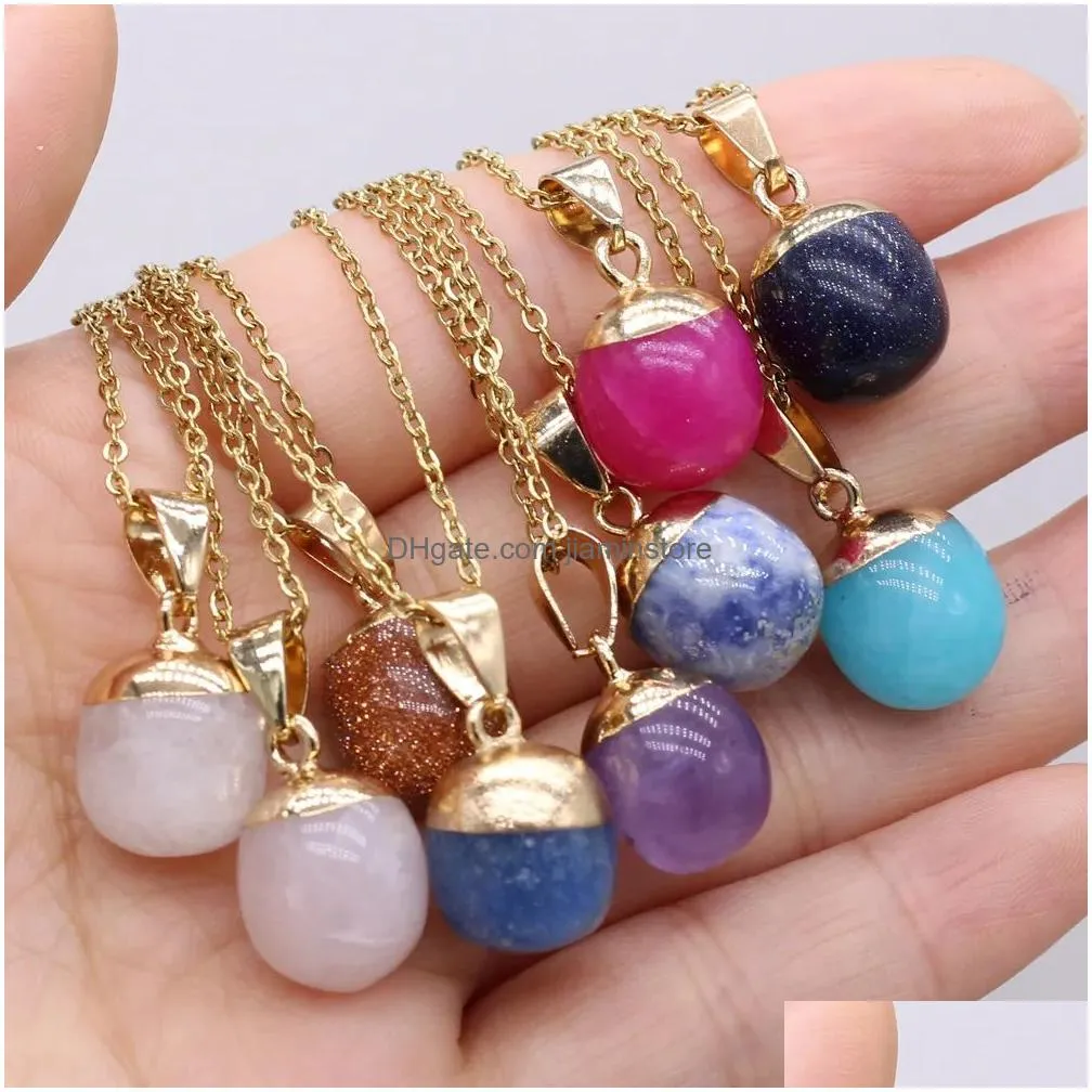Pendant Necklaces Gold Edged Round Ball Reiki Healing Crystal Pendant Energy Stone Quartz Link Necklaces Fashion Women Men Jewelry Who Dhnqm
