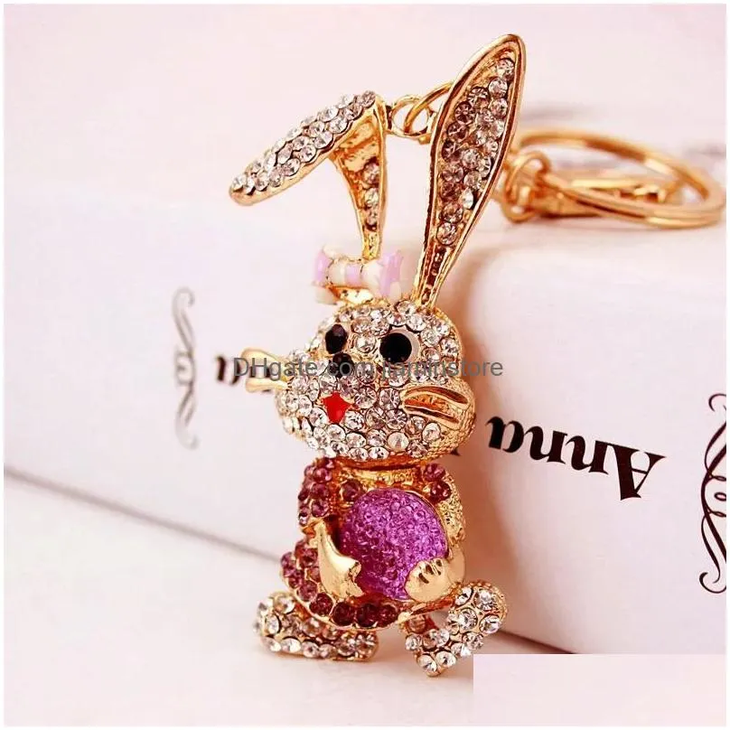 Key Rings Rabbit Keychain Gold Colorf Crystal Rhinestone Animal Metal Pendant Key Chains 3Pcs Cute Alloy Car Ring Birthday Gift Jewelr Dh2Ig