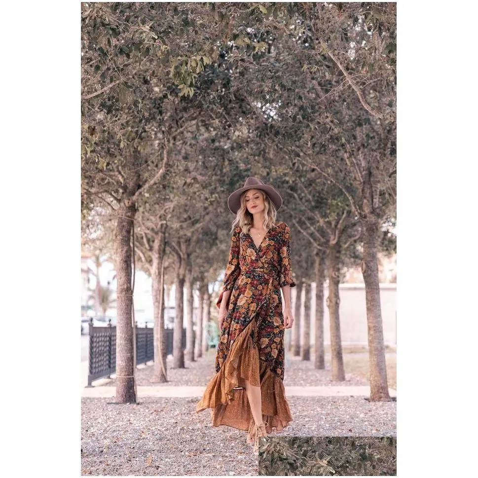 casual dresses 2022 autumn floor length dress womens long sleeve printing floral vintage irregular maxi mujer chic wrap