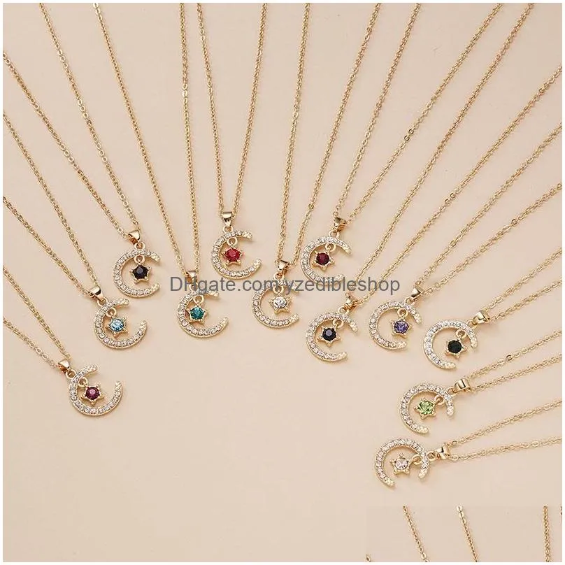  style moon star birthstone pendant necklace wish card for women crystal gold color clavicle chain mom birthday jewelry gifts
