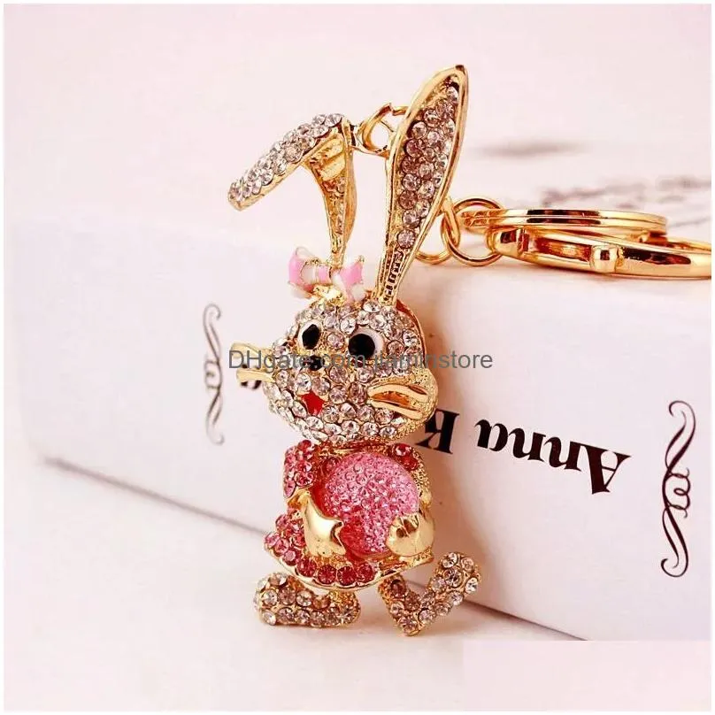 Key Rings Rabbit Keychain Gold Colorf Crystal Rhinestone Animal Metal Pendant Key Chains 3Pcs Cute Alloy Car Ring Birthday Gift Jewelr Dh2Ig