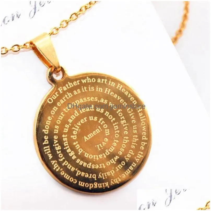 Pendant Necklaces Relius Jesus Cross Lords Prayer English Stainless Jewelry Pendant With Necklace For Men Women Communion Confirmation Dhrhn