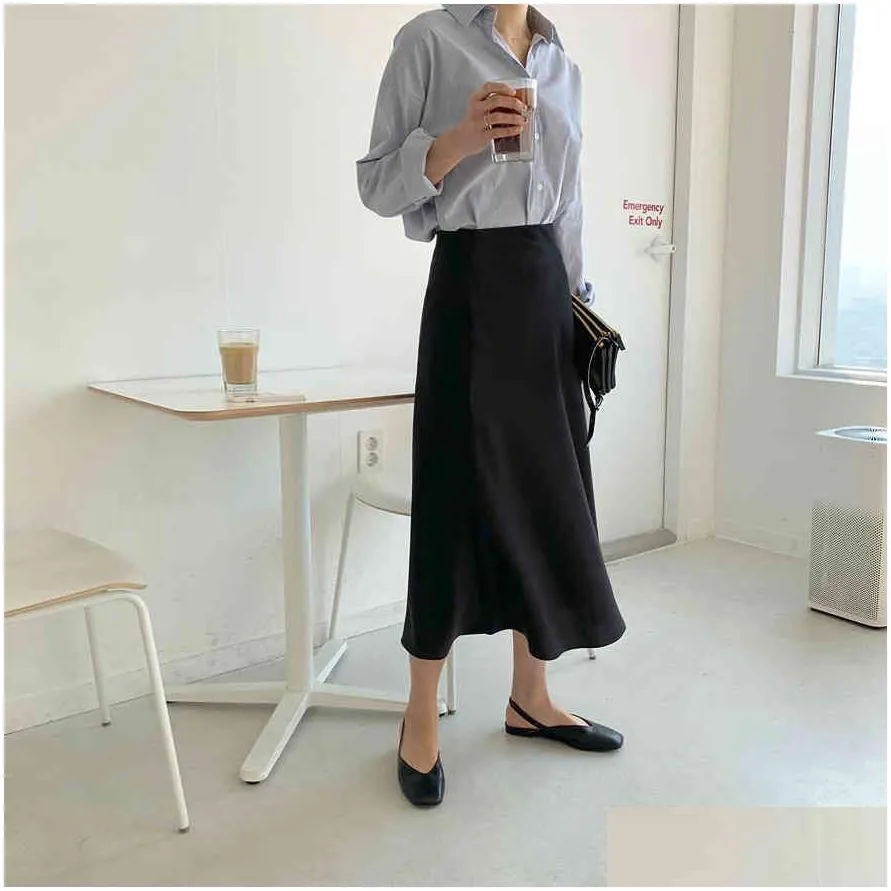 korean casual skirts women silk skirt women elegant satin long skirts office lady high waist bodycon skirt faldas mujer moda 210412