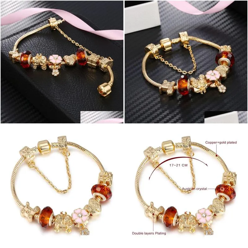 Beaded Fashion Jewelry 18K Gold Plated Diy Women Charm Bracelet Trendy Big Crystal Beads Copper Bangle Bracelets For Jewelry Bracelets Dh0Vi