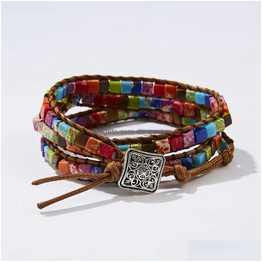 wholesale bohemia three layers square seven chakra strands emperor natural stone beads hand woven bracelet accessories