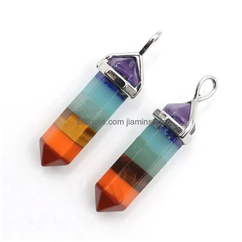 Pendant Necklaces Pendant Necklaces Reiki Chakra Natural Crystal For Women Necklace Hexagonal Healing Pointed Pendum Rainbow Layered Q Dhi2Z