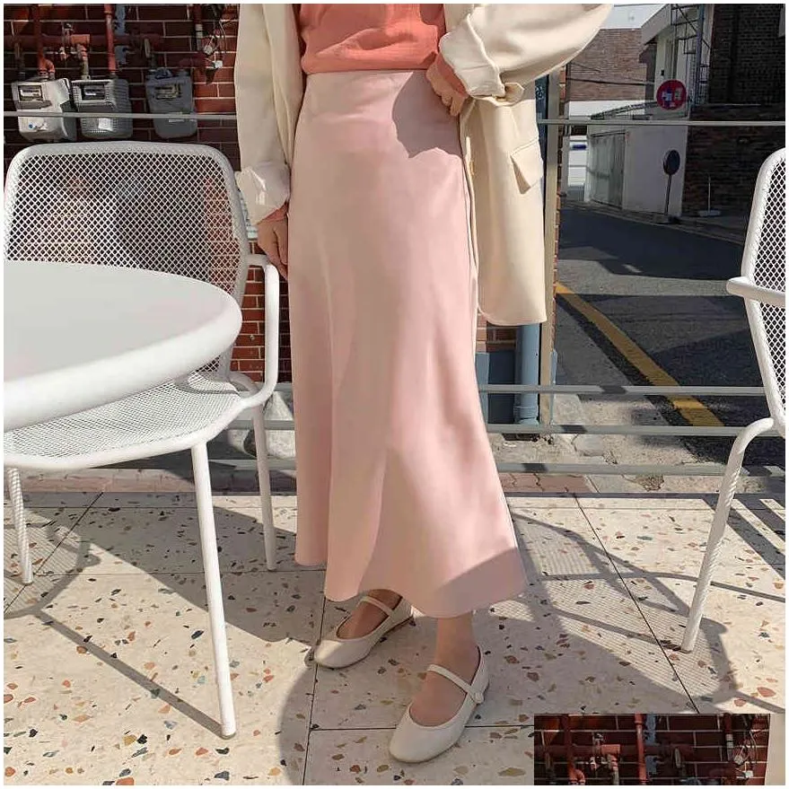 korean casual skirts women silk skirt women elegant satin long skirts office lady high waist bodycon skirt faldas mujer moda 210412