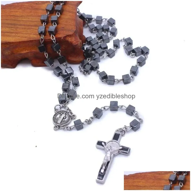 catholic rosary jewelry square beads long cross strand necklace