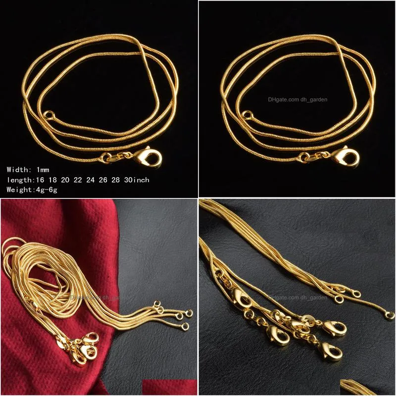 1mm gold plated smooth snake chains women necklaces jewelry chain 16 18 20 22 24 26 28 30 inches wholesale