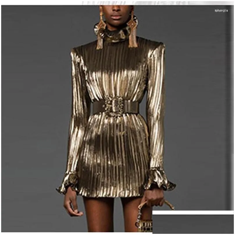 Basic & Casual Dresses Casual Dresses High Street Est Fashion 2022 Runway Designer Womens Sparkle Gold Long Sleeve Belted Pleated Appa Dhesl