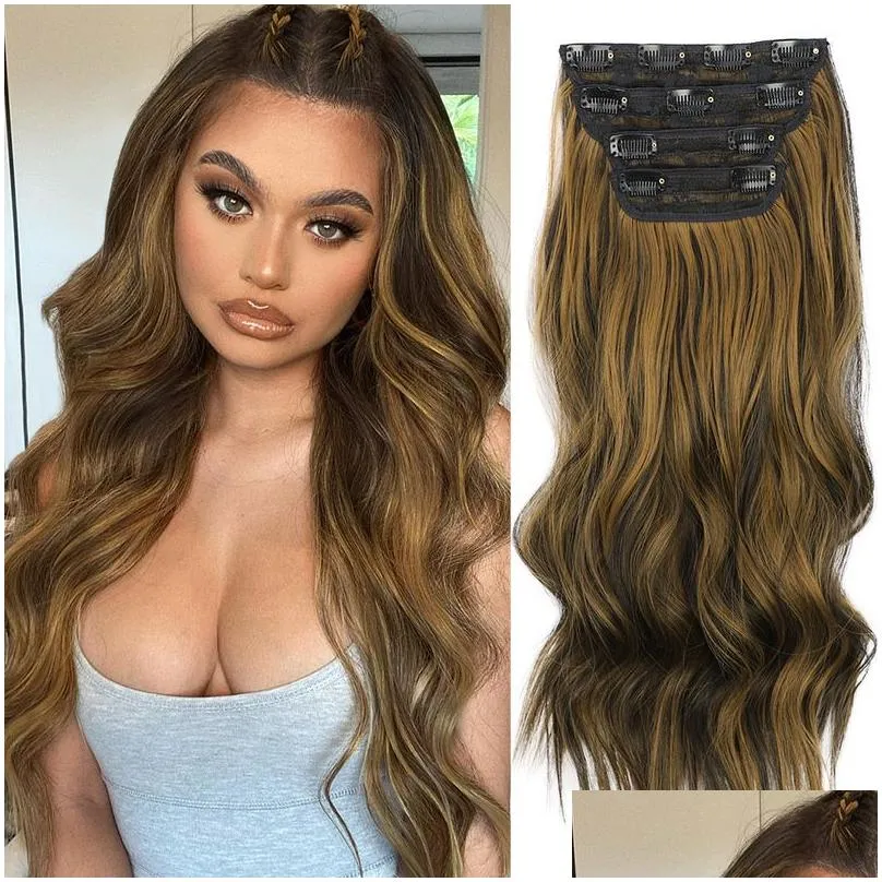 Clip In/On Hair Extensions Aisi Hair Synthetic 4Pcs/Set Long Wavy Extensions Clip In Ombre Blonde Dark Brown Thick Pieces W22040198976 Otptr