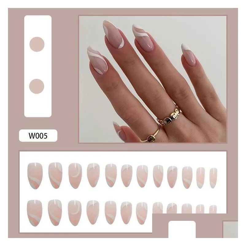 False Nails Short Almond Nails Set Of 24 Pcs Press On Fake Fingernails Striped Fl Er False Nails6564369 Health Beauty Nail Art Salon N Ottzg