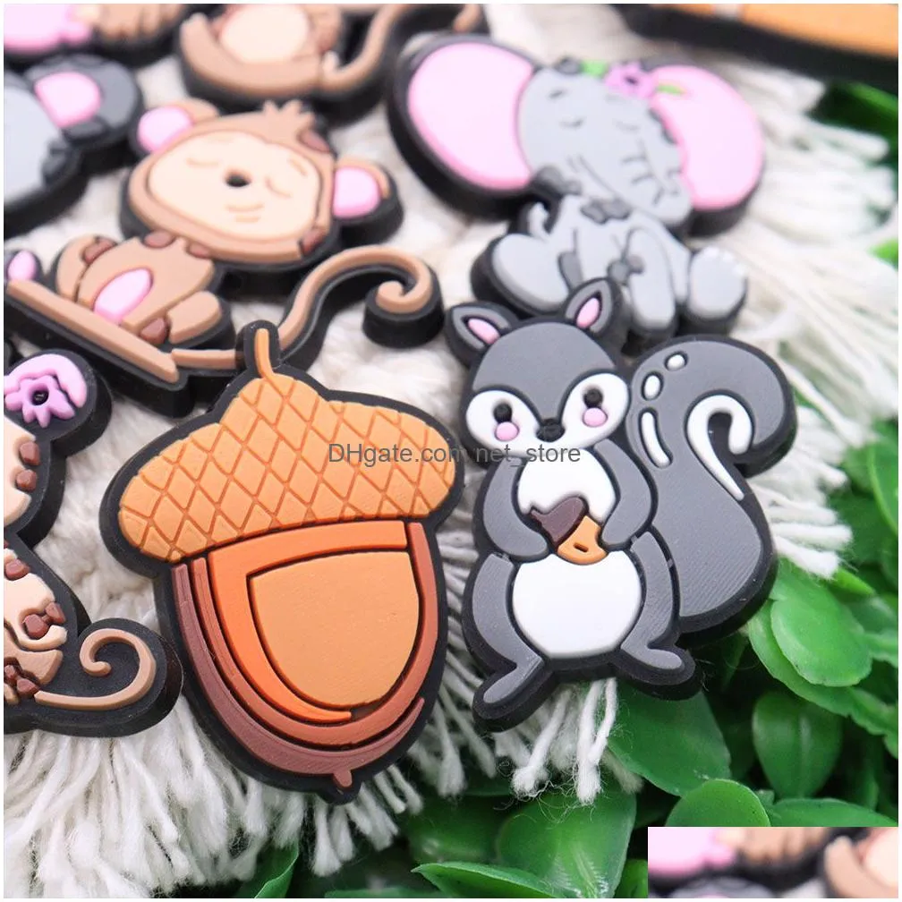 wholesale 100pcs pvc animal  tiger elephant bear raccoon monkey tree mouse garden shoe charms buckle decorations for fashion button clog