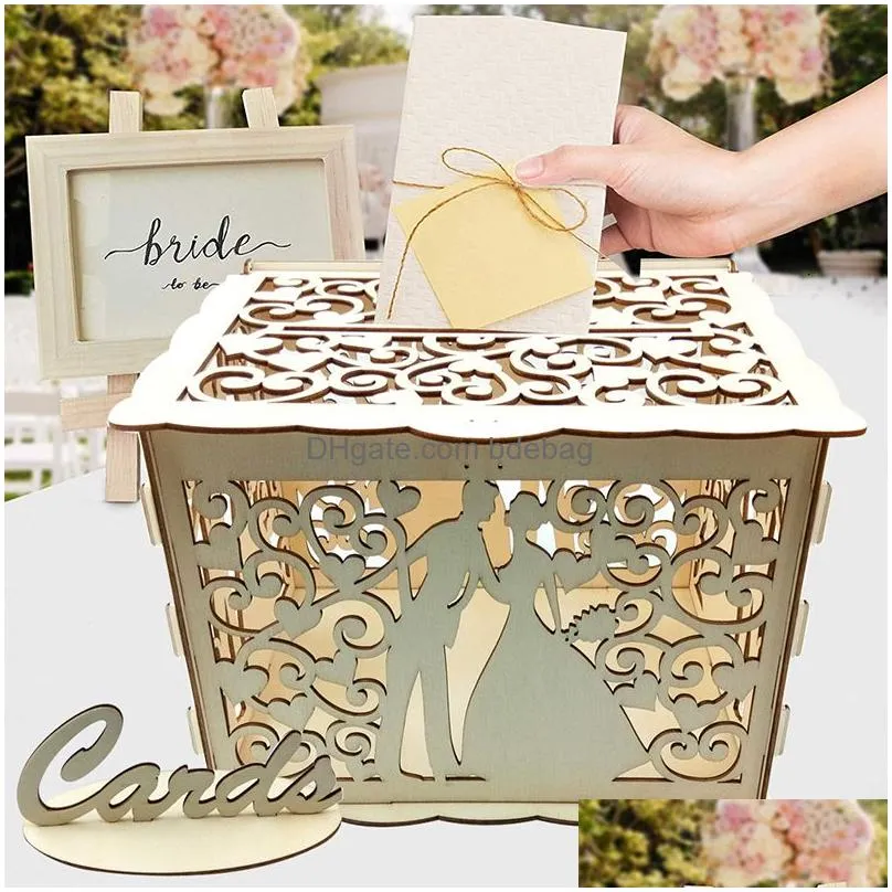 other event party supplies wedding card boxes wooden box decoration diy couple deer bird flower pattern grid invitation gift business