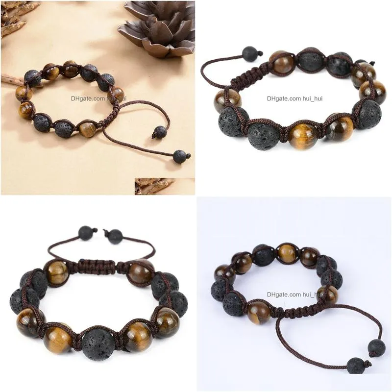yiwu small commodity handmade accessories 12mm tiger eye stone woven adjustable bracelet volcanic rock qm8i