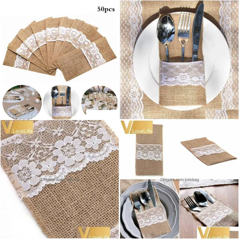 other event party supplies 50pcs burlap lace cutlery pouch tableware hessian rustic jute christmas decor wedding table decoration wedding party bridal