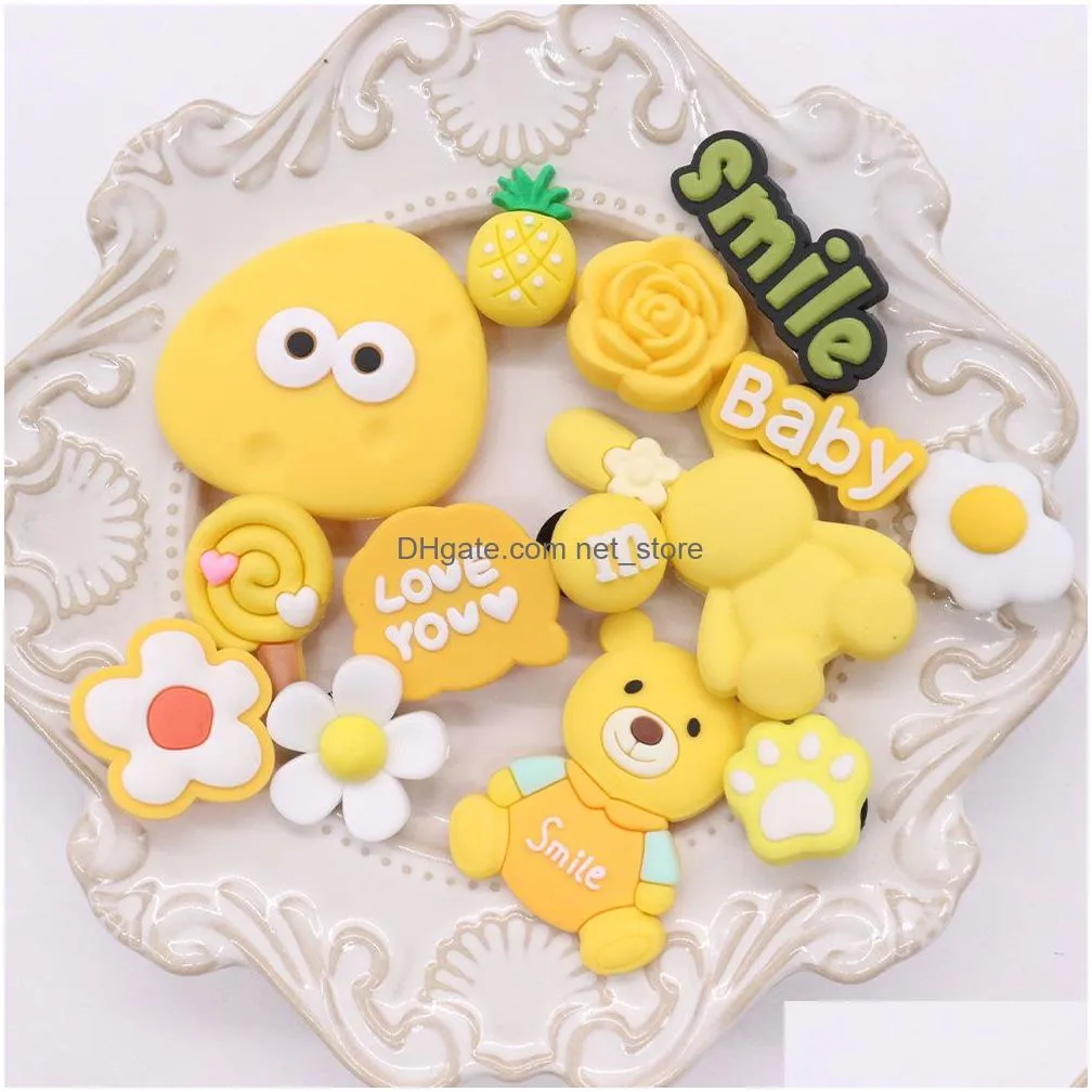 wholesale 100pcs pvc yellow chocolate smile bear flower candy love you baby rabbit pineapple buckle accessories for children backpack button