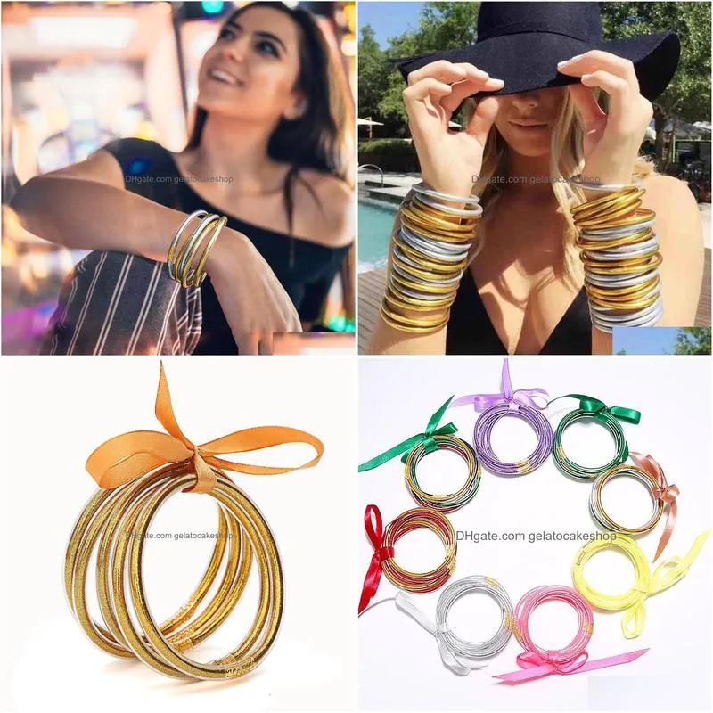 5 pcs/set bowknot glitter bangles party girls all weather stack silicone plastic glitters jelly bracelet gifts