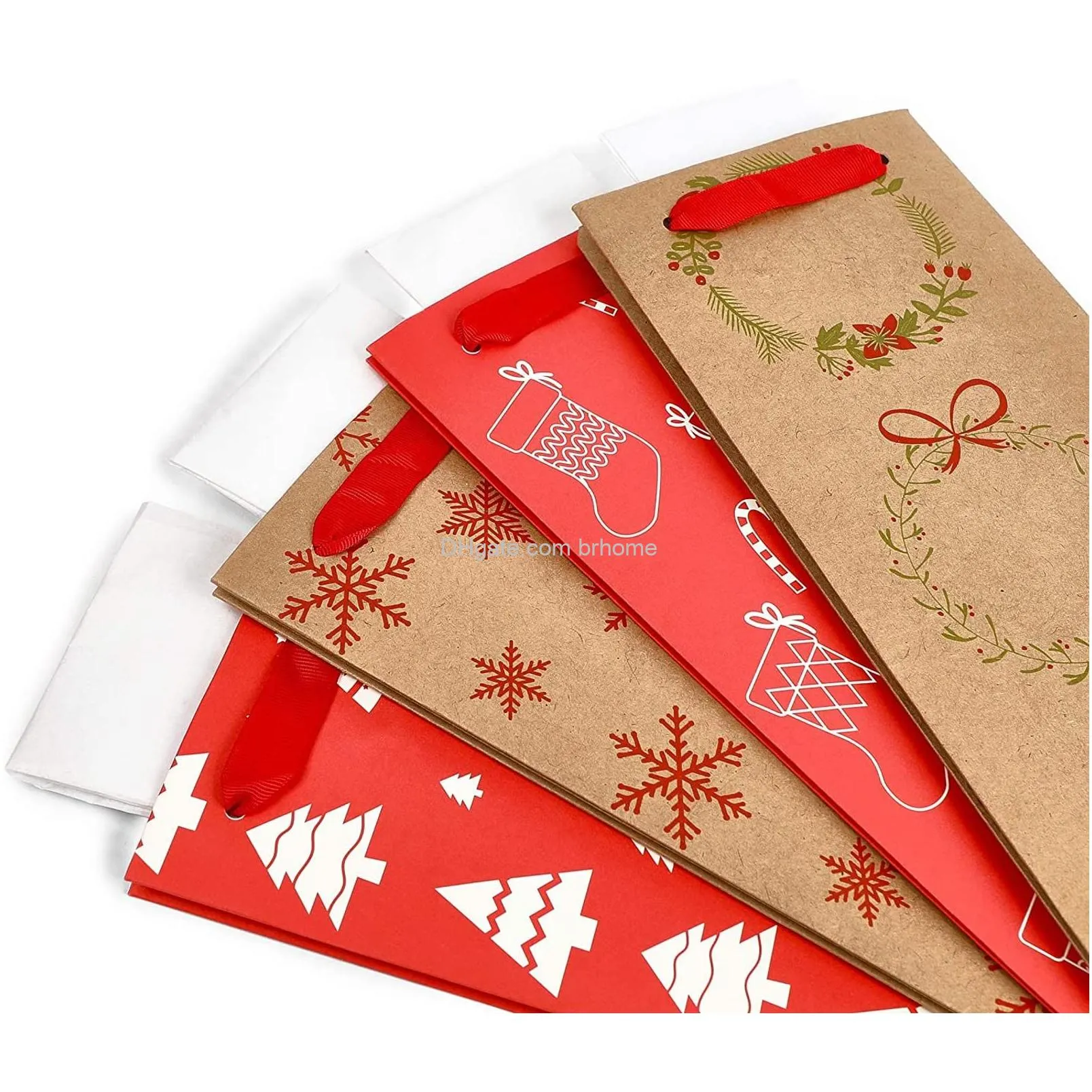 christmas wine gift bags with tissue paper red brown 4.5 x 15.5 x 3.5 in 