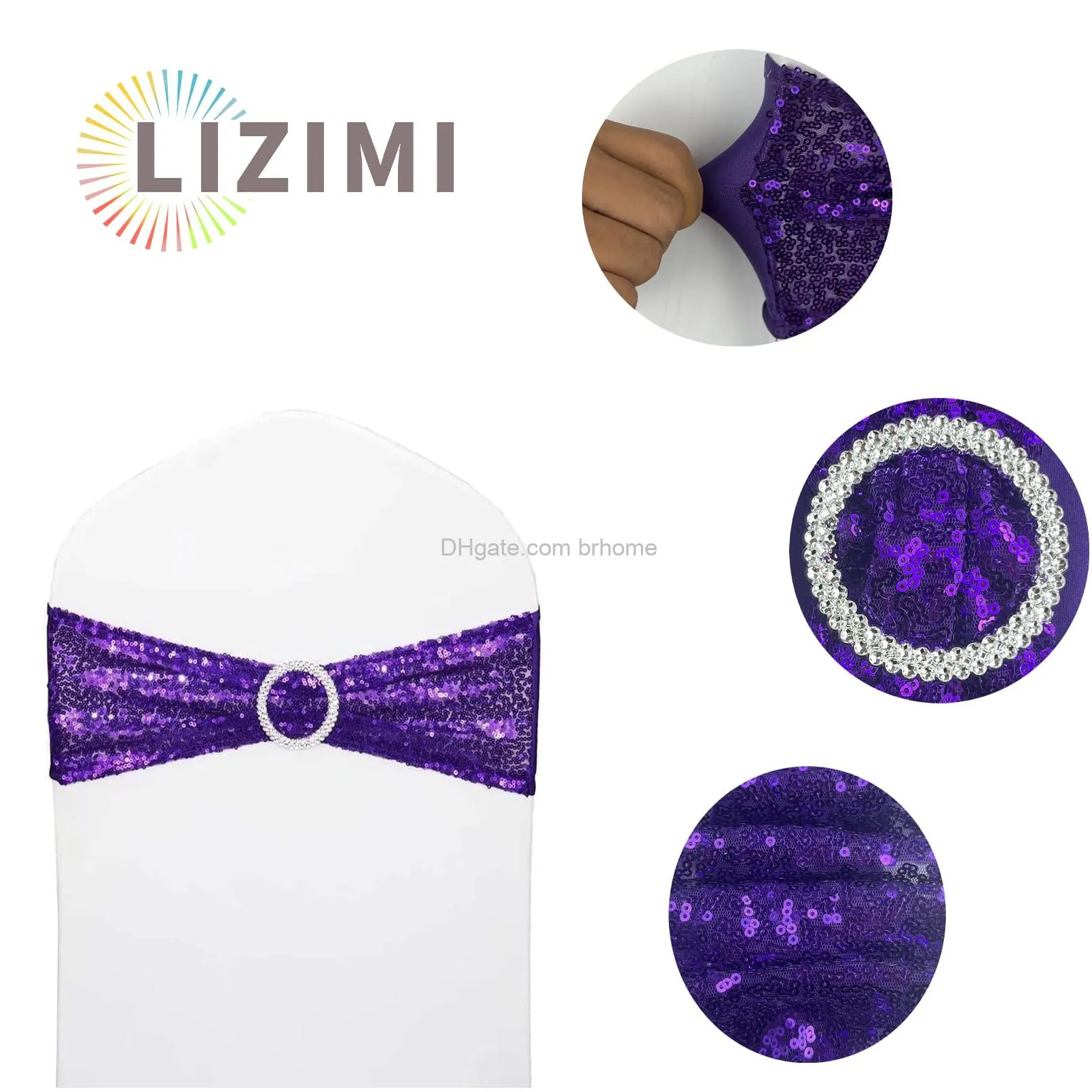 chair sashes sequin stretch chair bands spandex polyester bows for party hotel wedding banquets decoration purple