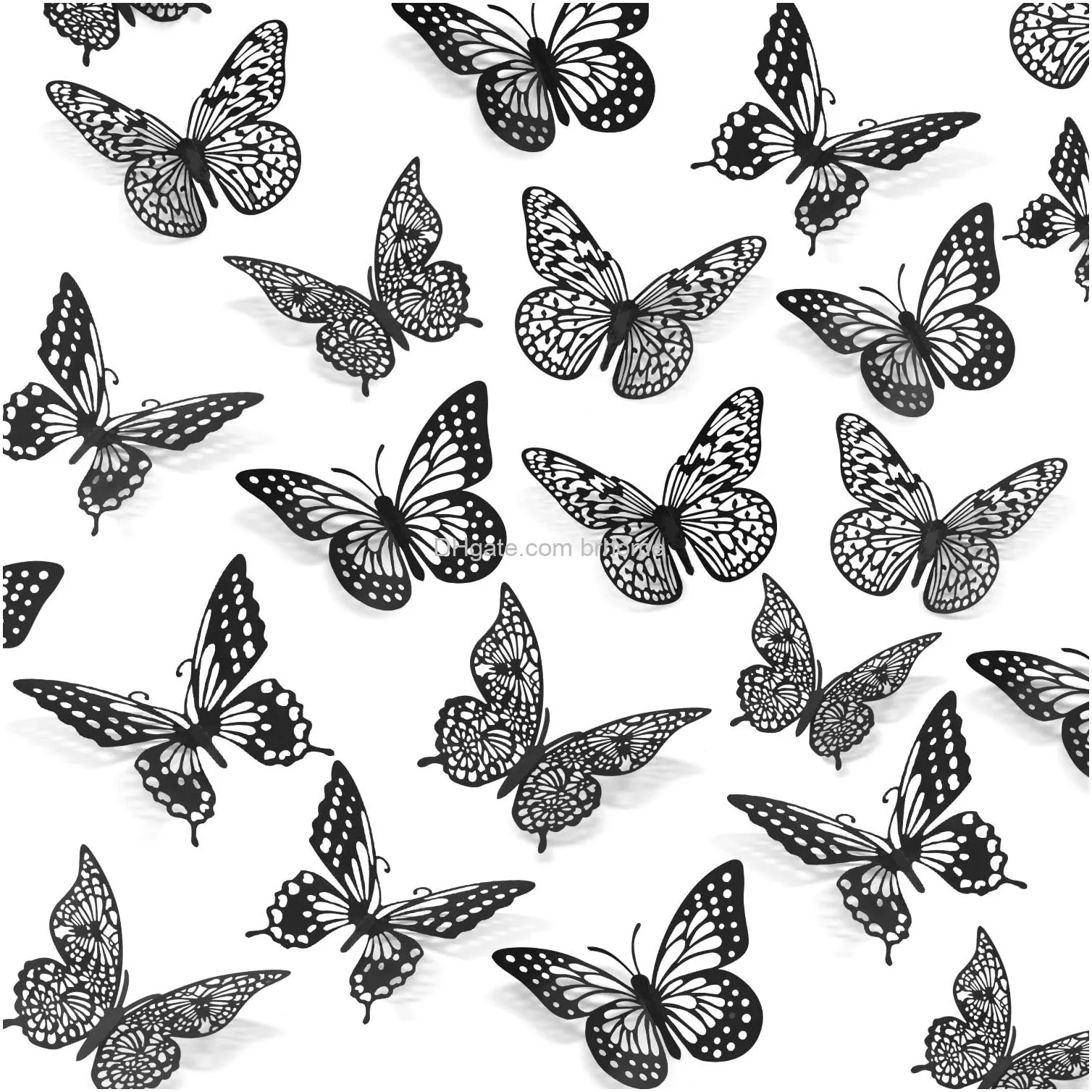 3d butterfly wall sticker metallic art sticker with set 3 sizes diy decorative paper murals for girls bedroom living room party decoration rose gold and gold and silver