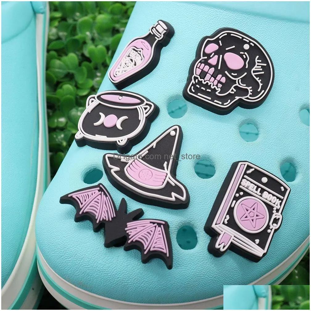 wholesale 100pcs pvc spell book skull cat witches brew bat poison moon diamond sandals shoe buckle decorations for backpack charms button clog halloween